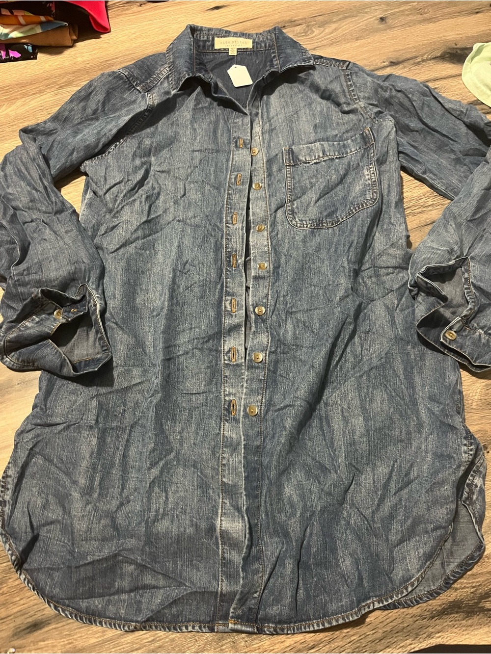 Side Stitch Denim Button-Down Shirt - Blue XXS- 18 Ptp & 30 Length